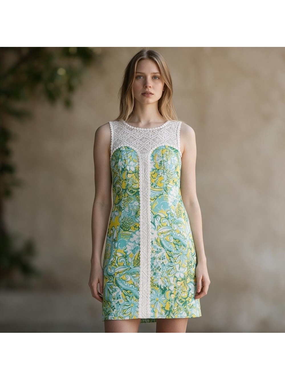 Lilly Pulitzer Aqua Green Yellow Floral White Lace Sleeveless Shift Dress Size 4